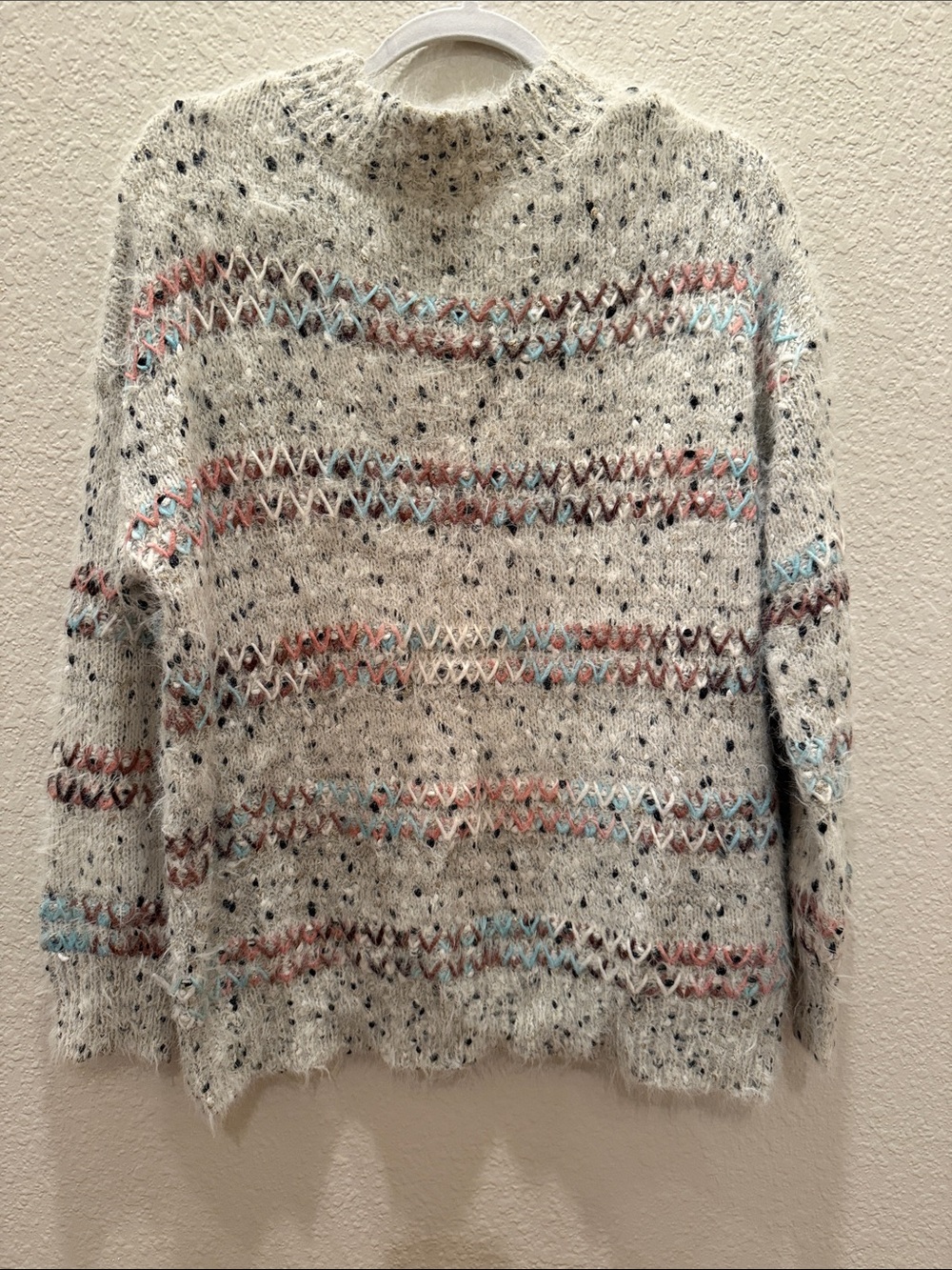 RAGA Cream Speckled Cowlneck Sweater with Pink & Blue Accents